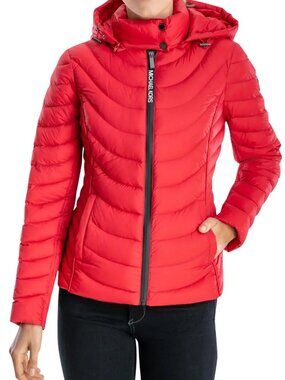 Michael Kors Women's Contrast Packable Hooded Puffer Jacket Red Size XS